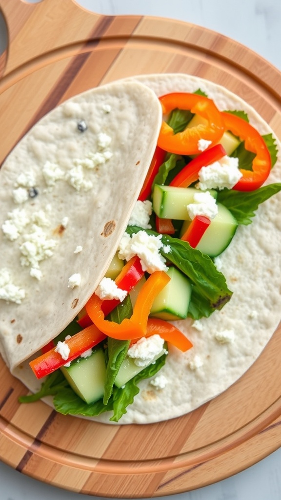 Cottage cheese wrap filled with fresh vegetables on a wooden board.